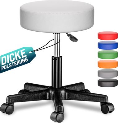 CASARIA® Rollhocker Höhenverstellbar 10cm Polsterung 46-60 cm Sitzhöhe 360° Drehbar Ø 35cm Rund Rollen Bürohocker Drehhocker Arbeitshocker Hocker Weiß