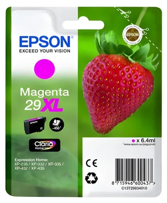 Zdjęcie produktu dla Epson Strawberry Singlepack Magenta 29XL Claria Home Ink, Wysoka (XL) wydajność, Purpurowy, Tusz na bazie pigmentu, 6,4 ml, 1 szt., 450 stron(y)