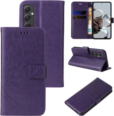 A collage of images showing a purple floral flip phone case from different angles, including its interior card slots and how it can be used as a stand.
