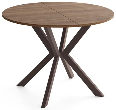 Produktbild von Runder Ausziehtisch Esstisch Ausziehbar mit Braunem Metallgestell – Valio, 100 cm Rund auf 140 cm Erweiterbar – Industrial-Loft-Design, Braune Metallbeine, Nussbaum Braun,  EU