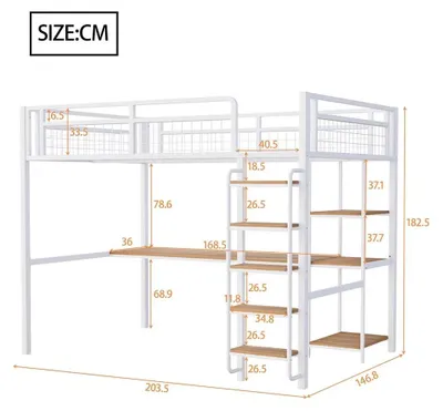 Productafbeelding van Metaal hoogslaper - Stapelbed - 140 x 200 cm - Met ladder - Met bureau - Met plank - Met veiligheidsrek - Wit