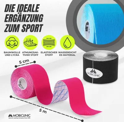 Obrázok produktu pre Mobiclinic, Kinesiotape, Mobitape, balenie 4 ks, 5 cmx5 m, kineziologická terapia, športové pásky, napínanie svalov, hypoalergénne, modré, ružové, čierne a béžové