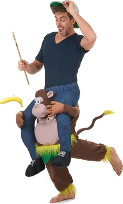 A man wearing a costume that makes it look like he is riding on the back of a monkey.