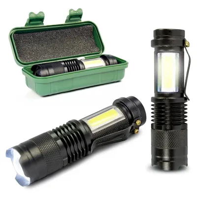 Produktbild von Mini LED-Taschenlampe Glow-Max, mit 2 Lichtquellen, XPE mit Zoom und COB-Seitenlicht, 3 Lichtmodi, wiederaufladbarer Akku, USB-Arbeitsleuchte, schwarz