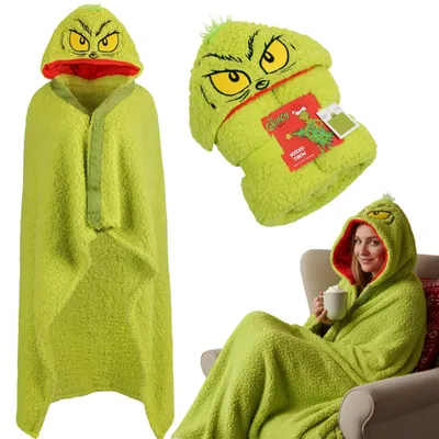 Obrázok produktu pre Grinch Zelená, teplá deka s kapucňou, sviatočná SHERPA - 120x150 cm OEKO-TEX