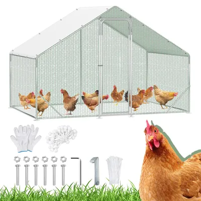 Image de Voliaire pour poules Peviasot, dimensions 3 x 2 x 2 mètres, surface de 6 m², toit en pente, tubes galvanisés de 25 mm, grillage en PVC vert et bâche de protection en PE blanc avec protection UV