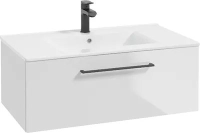 Produktbild von Waschtisch, 80 cm breit, in weiß Hochglanz lackiert mit Metallgriff in schwarz und Keramikwaschbecken MESSINA-107, B/H/T ca. 80/32/46 cm