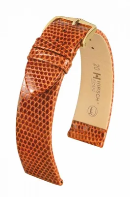 Produktbild von HIRSCH Lizard- Eidechse (Länge: M (110,5mm / 69,5mm) / Anstoßbreite: 15 (zu 14) / Schließe: Edelstahl (Gold beschichtet) / Sonderanfertigung*: nein / Farbe / Naht: Braun glänzend / -- / Polsterung (Ansatz / Schließe) in mm: 2,5 mm / 2,5 mm)