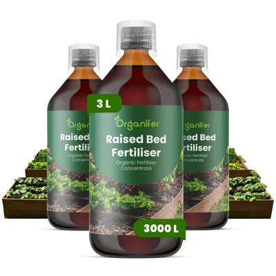 Obrázok produktu pre Vyvýšené záhony – Tekuté hnojivo 3x1 L – 2-1-8 NPK – Vhodné pre vyvýšené záhony – Podporuje zdravý rast rastlín a stabilnú úrodu – Organifer