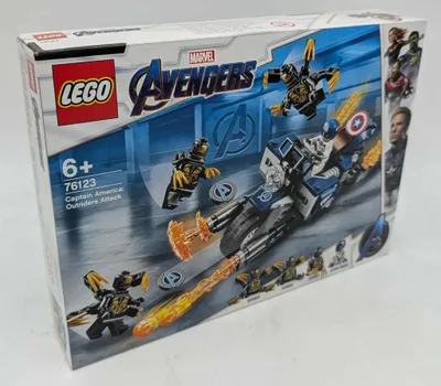 The image shows the packaging of a LEGO Marvel Super Heroes Captain America: Outrider-Attacke set.