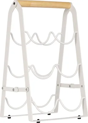 A white metal wine rack with a wooden handle, designed to hold six bottles.
