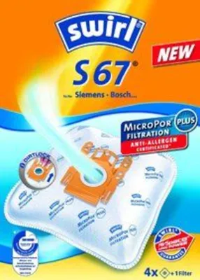 A product package for Swirl S67 vacuum cleaner bags, showing the packaging and a representation of the vacuum bag.