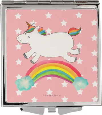 Produktbild von Mr. & Mrs. Panda Handtaschenspiegel quadratisch Einhorn Regenbogen - Rot Pastell - Geschenk, Reisespiegel, Schminkspiegel klappbar, Glitzer, Reise Spiegel, Unicorn
