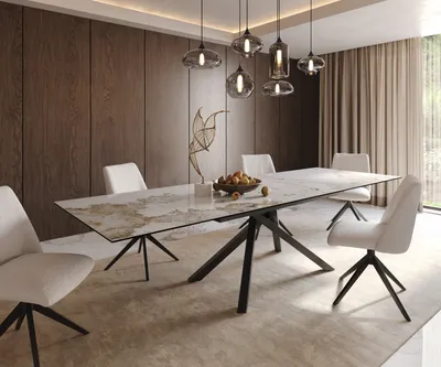 Produktbild von DELIFE Esstisch Edge 200-300x100 Keramik Minas Melange Weiß-Beige Kreuzgestell Rechteck Schwarz ausziehbar