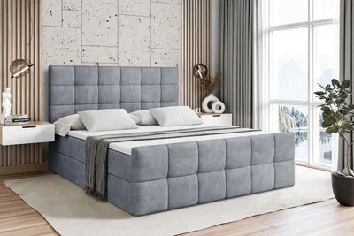 A bedroom scene with a bed, nightstands, and a window view.