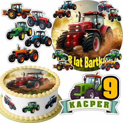 Zdjęcie produktu dla Zestaw Opłatek Na Tort 20Cm + 16 Postaci - Traktor Ciągnik + Imię 15Cm 18Cm