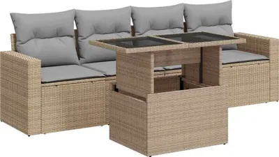 Produktbild von vidaXL 5-tlg. Garten-Sofagarnitur mit Kissen Beige Poly Rattan