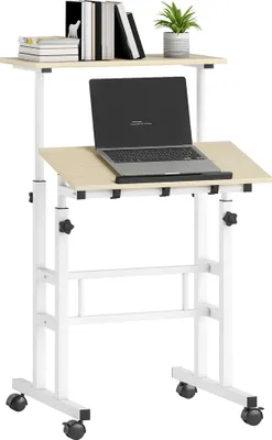 Produktbild von Sitz-Steh-Schreibtisch, h?henverstellbarer Schreibtisch 60 x 60 cm mit Rollen, neigbarer Tischplatte, Gestell aus Naturmetall