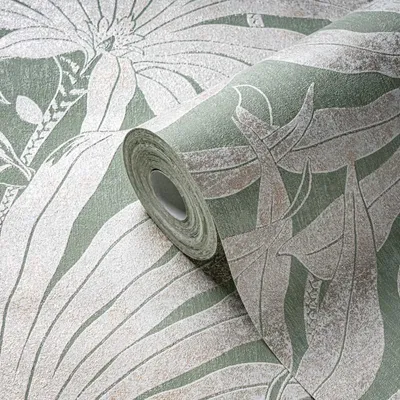 Produktbild von Tapete in Dschungeloptik Salbeigrün Beige - Vliestapete mit Palmenmotiv AS-Creation (KG-174724)