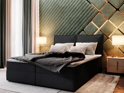 Produktbild von Masseno Boxspringbett LENTE 180x200 cm Komplett-Set mit Bonell Matratze und Topper, Polsterbett mit Bettkästen -Schwarz, LINCOLN 100