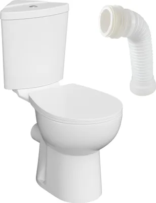 A white toilet with a flexible drain pipe.
