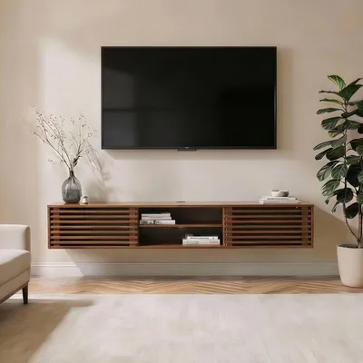 Zdjęcie produktu dla Niska szafka RIAN, 175 cm, wisząca, z litego drewna, wykończenie kasztanowe – szafka pod telewizor z drzwiami lamelowymi, meble do salonu w stylu mid century, montaż na ścianie, idealna do telewizora [maks. obciążenie 50 kg]