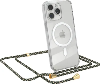 Produktbild von EAZY CASE - Handykette kompatibel mit Apple iPhone 15 Pro Max Kette zum Umhängen Stoßfest Handyhülle für Apple iPhone 15 Pro Max Silikon Hülle mit Band Handytasche Transparent als Fallschutz in Grün Camouflage