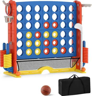 Produktbild von COSTWAY 4 in 1 Vier Gewinnt groß, Jumbo 4 Gewinnt mit Ringwurf, Basketballkorb, Golfspiel, Getränkehalter, Netzfach&Tragetasche, Vier Blau