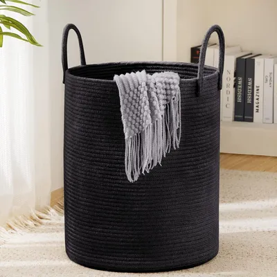 Image de Panier à linge Tressé en Coton Pur Noir fait main 38cmx50cm