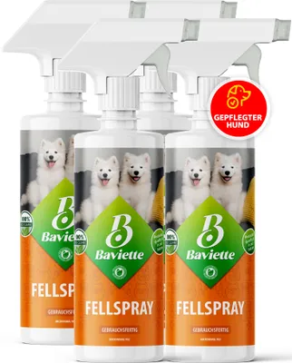 Produktbild von BAVIETTE Fellspray 4x500 ml – Pflege & Glanzspray mit Leinöl-Omega-3-6-9 -Fettsäuren für Hunde, geruchlos