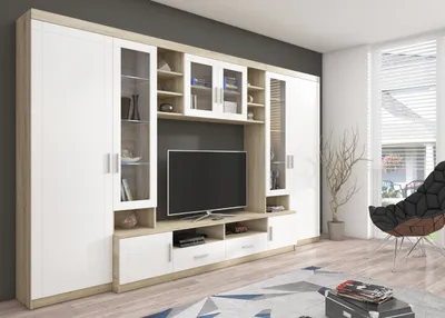 Produktbild von Wohnwand Medienwand PAROS weiß MDF / sonoma mit RGB LED Beleuchtung
