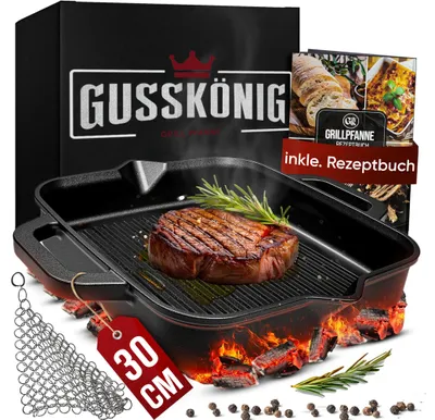 Produktbild von GUSSKÖNIG Gusseisenpfanne 30cm: Eingebrannte, robuste Grillpfanne für Gasgrill, inkl. Ringreiniger & Rezeptbuch. Ideal für vielseitiges Kochen.