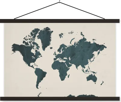 Produktbild von MuchoWow® Textilposter Weltkarte - Blau - Braun 60x40 cm mit schwarzem Rahmen - Hölzernes