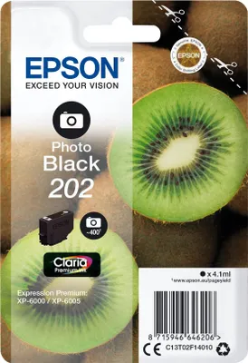Produktbild von Epson Kiwi Singlepack Photo Black 202 Claria Premium Ink, Standardertrag, Foto schwarz, Tinte auf Farbstoffbasis, 4,1 ml, 1 Stück(e), 400 Seiten