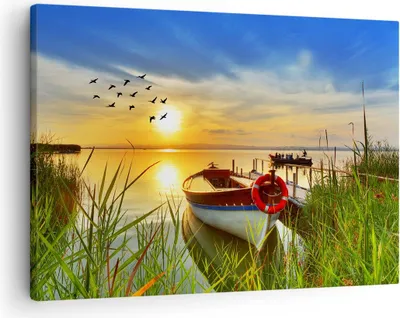 Produktbild von Bild auf Leinwand - Leinwandbild - Boot See Sonnenuntergang Sommer Menschen - 70x50cm - Wand Bild - Wanddeko - Leinwanddruck - Bilder - Kunstdruck - Leinwand bilder - Wandkunst - AA70x50-3053