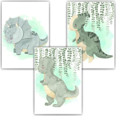 Produktbild von Niedliche Dinosaurier Bilder 3er Set DIN A4 Kinderzimmer Dino Wandbilder Babyzimmer Poster Dekoration