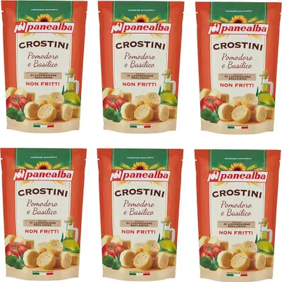 Produktbild von 6x Panealba Crostini Pomodoro e Basilico Croutons mit Tomate und Basilikum Gesalzener Snack Nicht Gebraten Nicht Frittiertes 100g