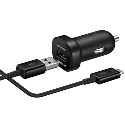 A black Samsung car charger with a USB cable connected.