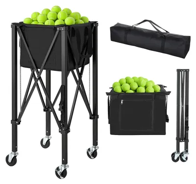 Image de Bac de rangement pour balles de tennis, capacité de 120 balles, chariot pliable pour balles de pickleball avec roues pour faciliter la collecte, en alliage d'aluminium léger, chariot de transport portable pour balles de pickleball avec sac de rangement, idéal pour l'entraînement
