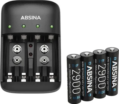 Produktbild von ABSINA Akku Ladegerät Set X4 für AA, AAA & 9V - Akkuladegerät inkl. 4x AA 2900 Akkus - NiMH Ladegerät Akkus