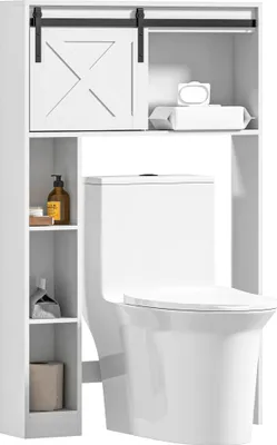 Image de HOMCOM Meuble WC dessus de toilette meuble toilettes WC rangement armoire de rangement de salle de bain avec porte coulissante, compartiments et étagère réglable, blanc