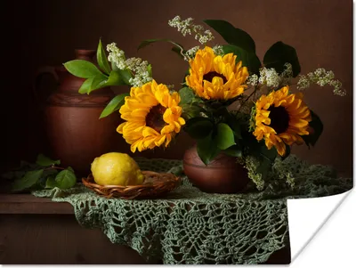 Produktbild von MuchoWow® Poster Kunst - Stillleben - Sonnenblumen - Zitrone - Malerei 80x60 cm - Kunst für zu Hause