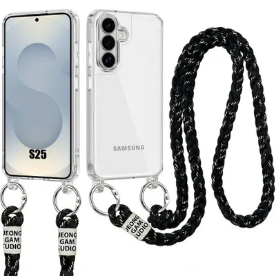 Image de Coque pour Samsung Galaxy S25, Protection Rigide Antichoc Transparente avec Cordon Noir