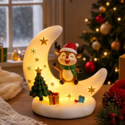 Produktbild von LED Weihnachtsdeko Rentier auf dem Mond, 13 × 8 × 13 cm – USB Nachtlicht mit warmweißem Licht, dekorative Weihnachtsfigur für Innenräume
