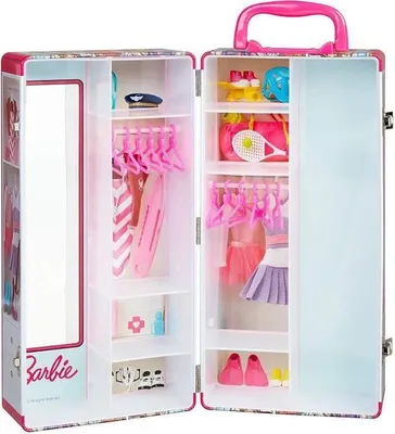 Produktbild von Barbie Kleiderschrank Koffer von Klein, für Puppenkleidung & Zubehör, Rosa & Multicolor, 15,9 x 13 x 32 cm, mit 12 Kleiderbügeln