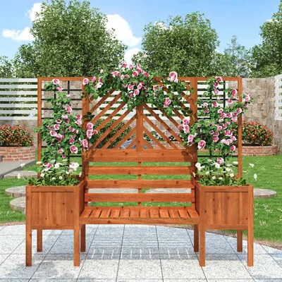 Produktbild von Flieks Hochbeet Pflanzkübel mit Rankgitter, Blumenkübel Pflanzgefäß mit Sitz, Pflanzenkasten Blumenkasten Außen Terassen Garten, 170x145x42cm, Braun