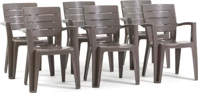 Image de lot de 6 chaises en polypropylène monobloc, empilables avec accoudoirs, résistantes à l'eau, effet bois pour jardin, terrasse, restaurant, bar, faciles à nettoyer - Anita - Gris pigeon
