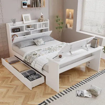Productafbeelding van Bedframe 140x200 cm, wit, gemaakt van houtvezel, met opbergruimte, een plankje aan het hoofdeinde en een verstelbare klaptafel, geschikt voor de slaapkamer