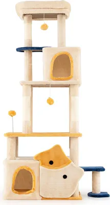 Image de COSTWAY Arbre à chat grand, design poisson, arbre à chat avec siège en peluche, plateforme, 2 grottes, griffoirs balle&sisal Arbre à chat d'activité Bois Beige