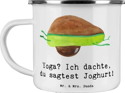 Produktbild von Mr. & Mrs. Panda Emaille Tasse Yoga Humor - Weiß - Geschenk, Outdoor, Sportart, Teamsport, Achtsamkeit, Entspannung, Pott, Sportler, Meditation, Emailletasse, Teetasse